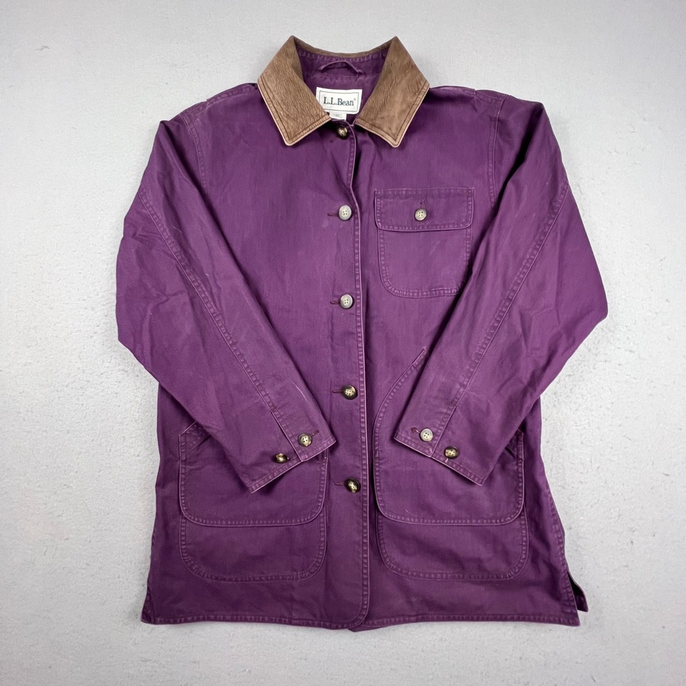 LL Bean Barn Jacket Women Med Purple Leather Trim Plaid Lined Field Coat Chore